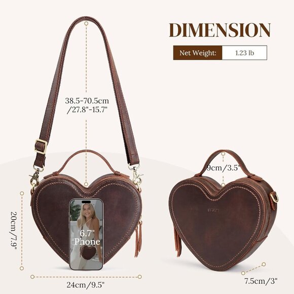 Leather Crossbody Bag Women Heart Shaped Purse Small Handbag Adjustable Strap - Picture 3 of 7